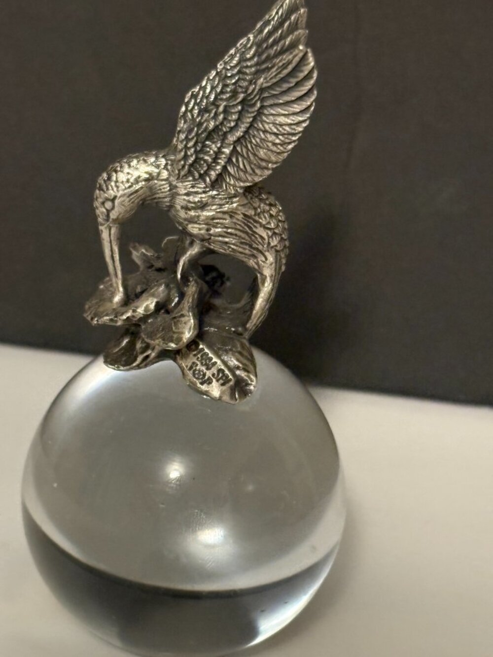 Vintage Pewter Hummingbird Figurine on Crystal Ball Paperweight